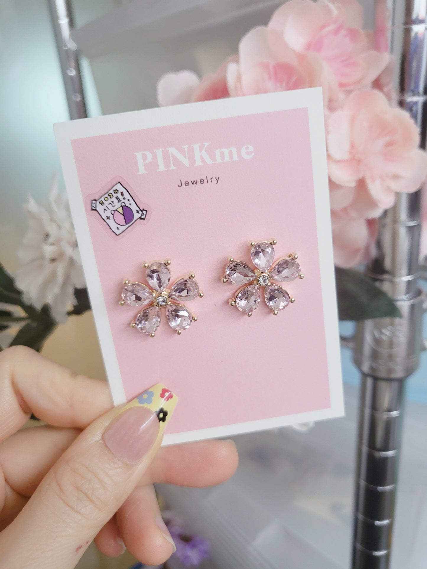 Flower with Clear Stone Stud Earring