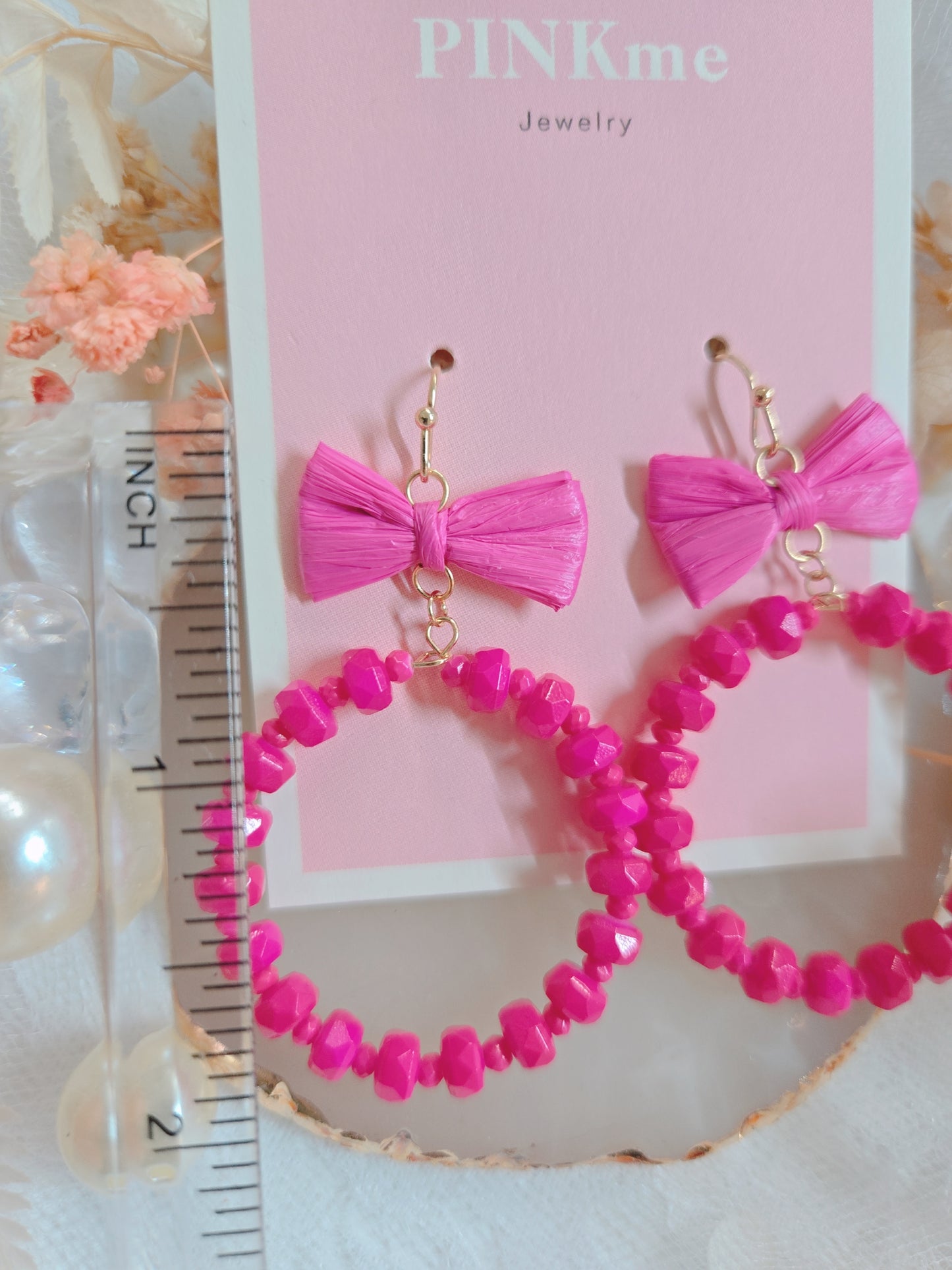 Pink Ribbon with Round Bead Dangle Earring