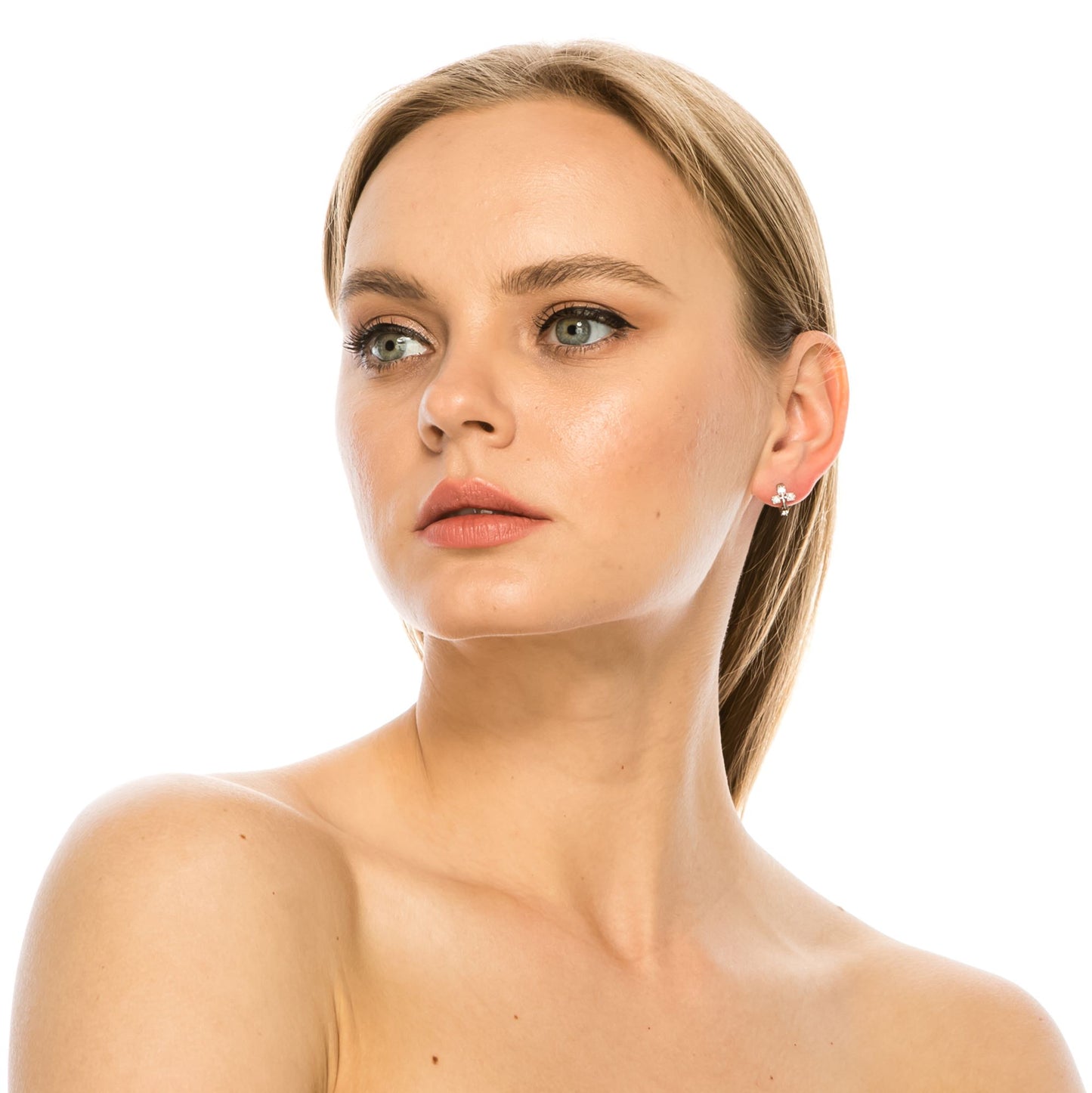 SS071531-Sterling Silver Post Cubic Zirconia Stone Brass Metal Hoop Earrings