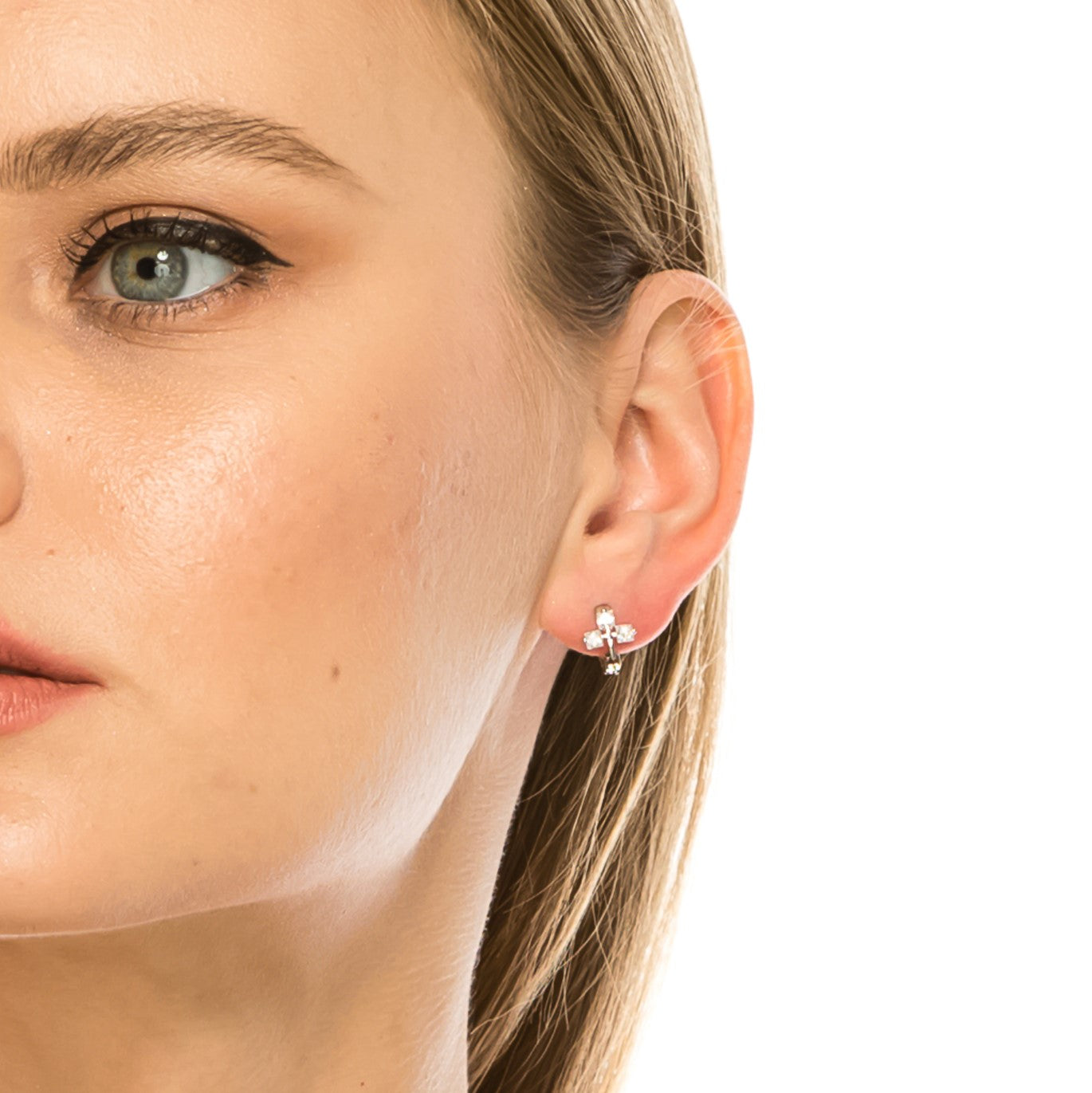 SS071531-Sterling Silver Post Cubic Zirconia Stone Brass Metal Hoop Earrings