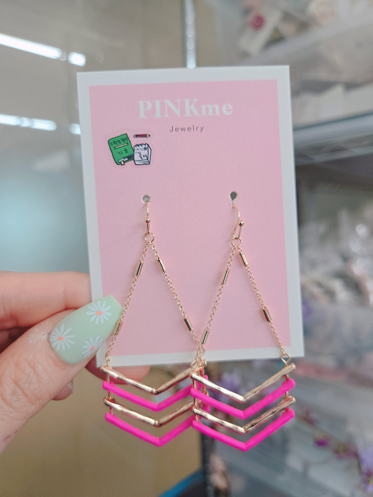 Pink & Gold Chevron Dangle Earrings