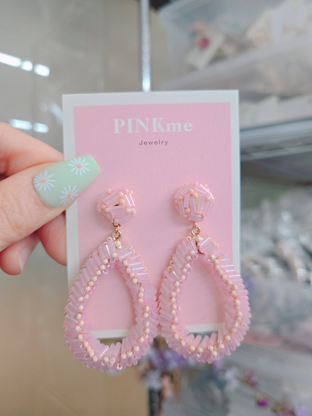 Pink Beaded Teardrop Earrings