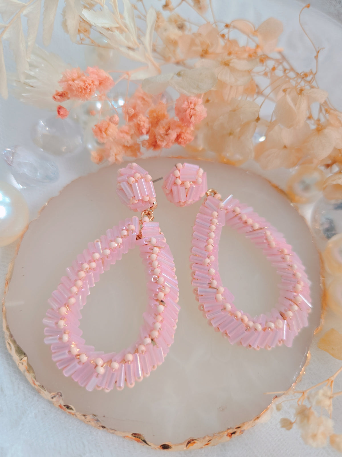 Pink Beaded Teardrop Earrings