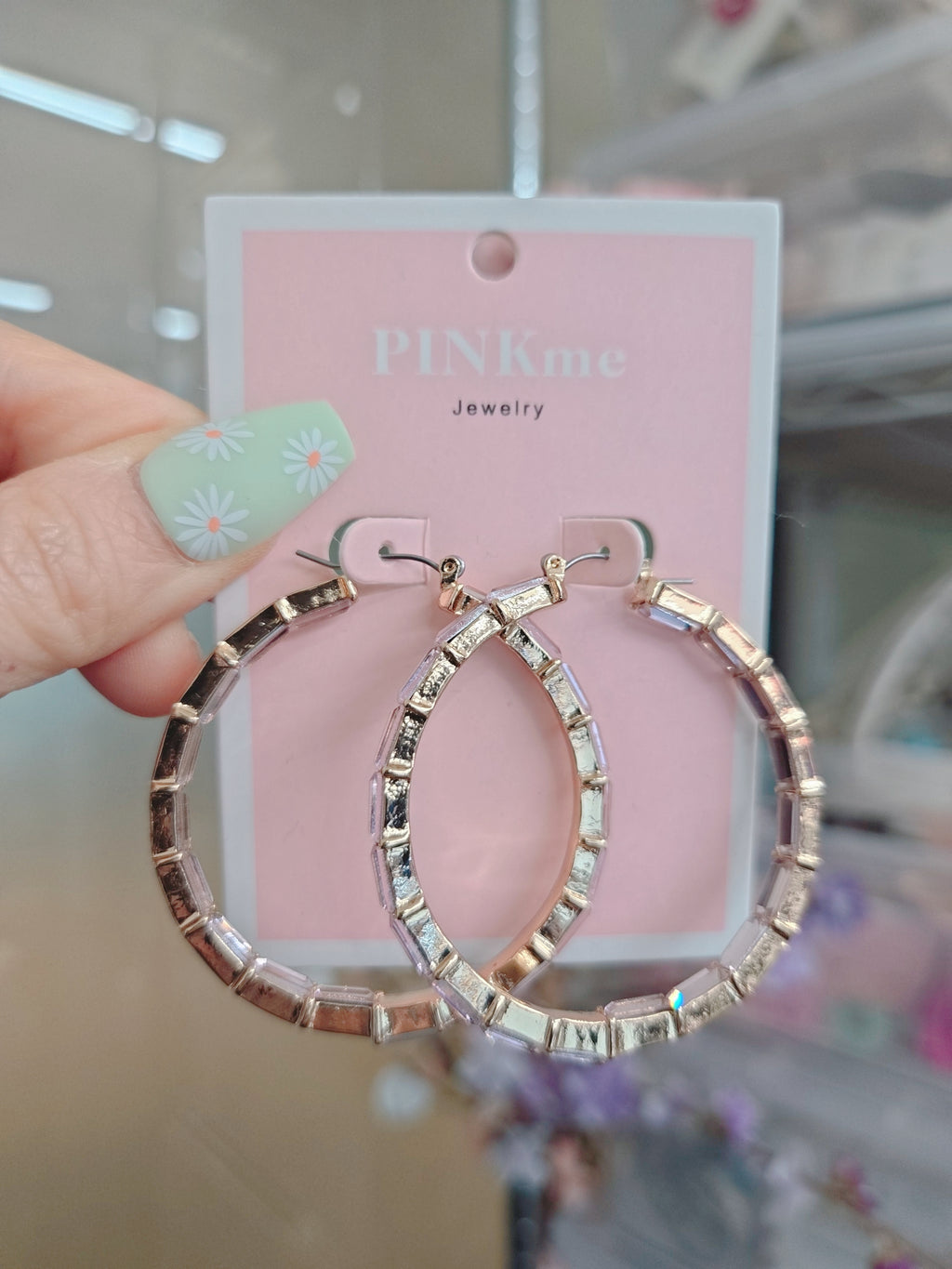 Pink Stone Gold 2" Hoop Earring