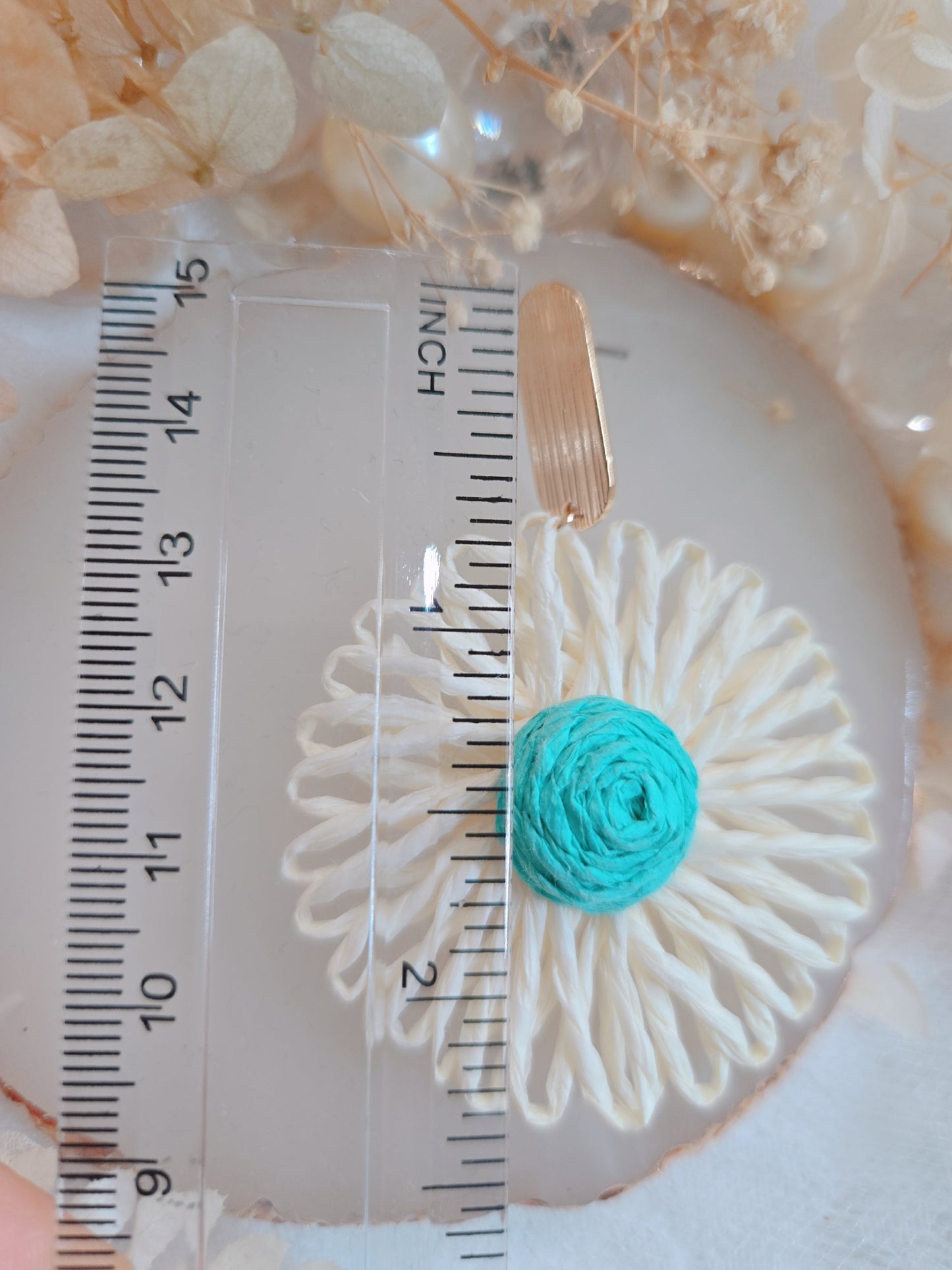 Gold Blue White Straw Style Flower Drop Earring