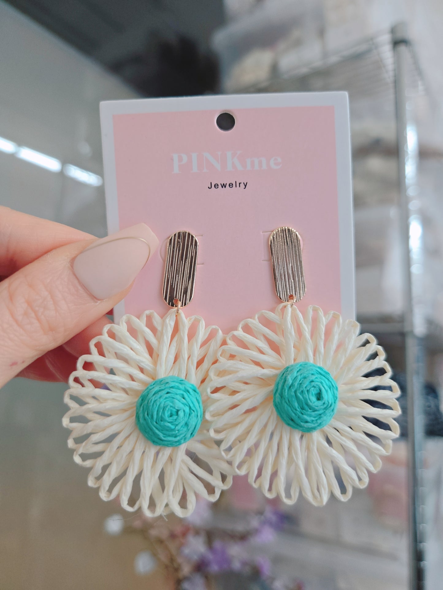 Gold Blue White Straw Style Flower Drop Earring