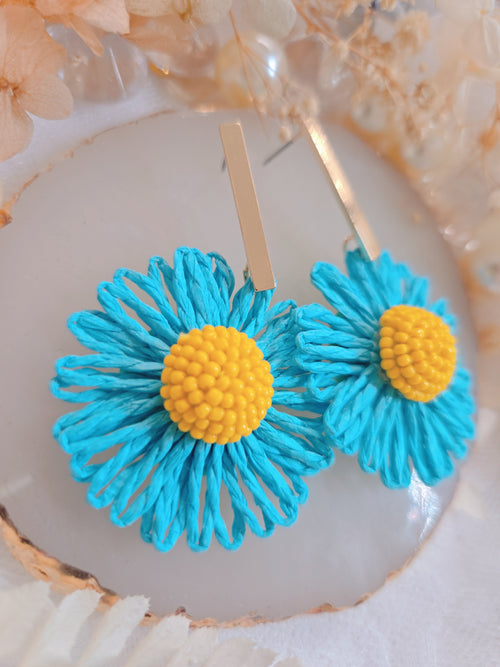 Blue Daisy Flower Drop Earrings